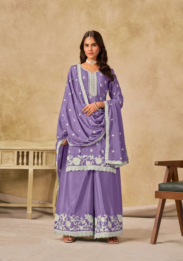 Lavender Embroidered Silk Blend Salwar Kameez - Indya