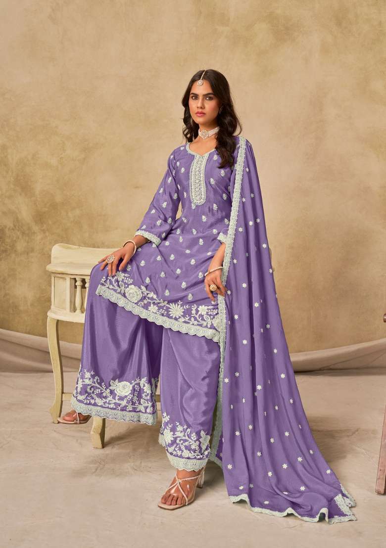 Lavender Embroidered Silk Blend Salwar Kameez - Indya