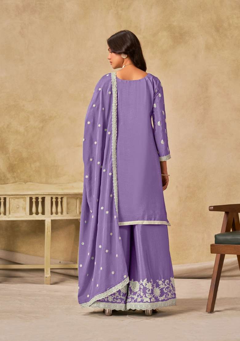 Lavender Embroidered Silk Blend Salwar Kameez - Indya