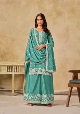 Sky Blue Embroidered Silk Salwar Kameez