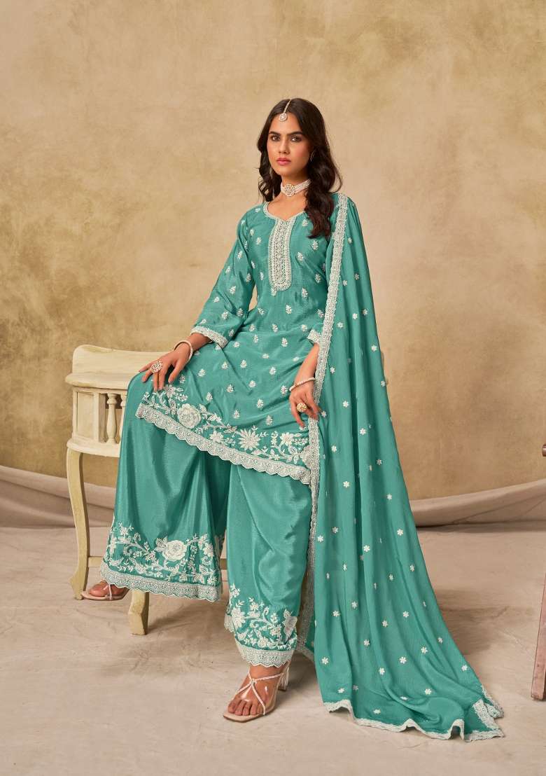 Sky Blue Embroidered Silk Blend Salwar Kameez - Indya