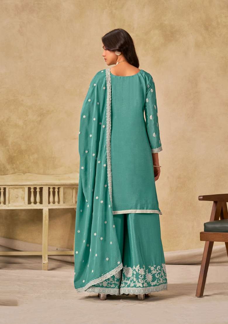 Sky Blue Embroidered Silk Blend Salwar Kameez - Indya