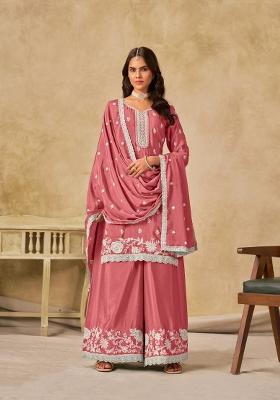 Peach Embroidered Silk Salwar Kameez