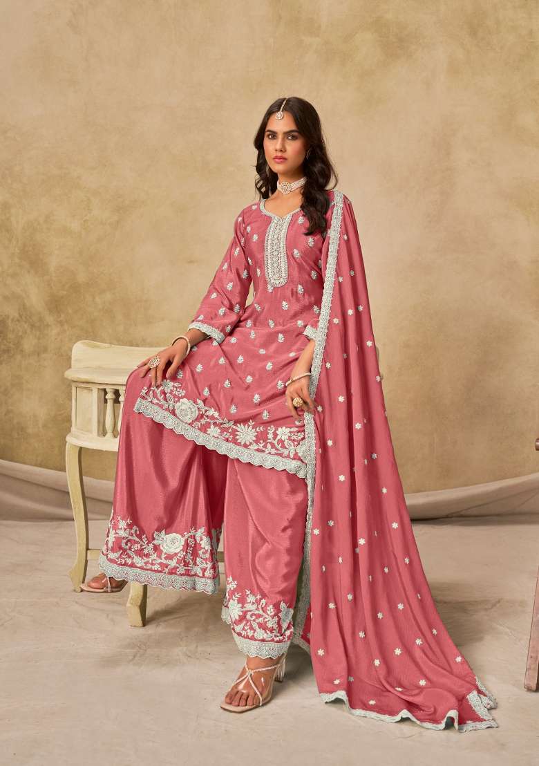 Peach Embroidered Silk Blend Salwar Kameez - Indya