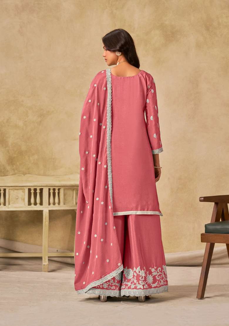 Peach Embroidered Silk Blend Salwar Kameez - Indya