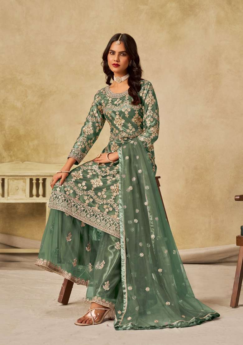 Green Embroidered Net Salwar Kameez - Indya