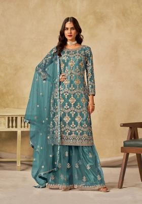 Teal Blue Embroidered Net Salwar Kameez