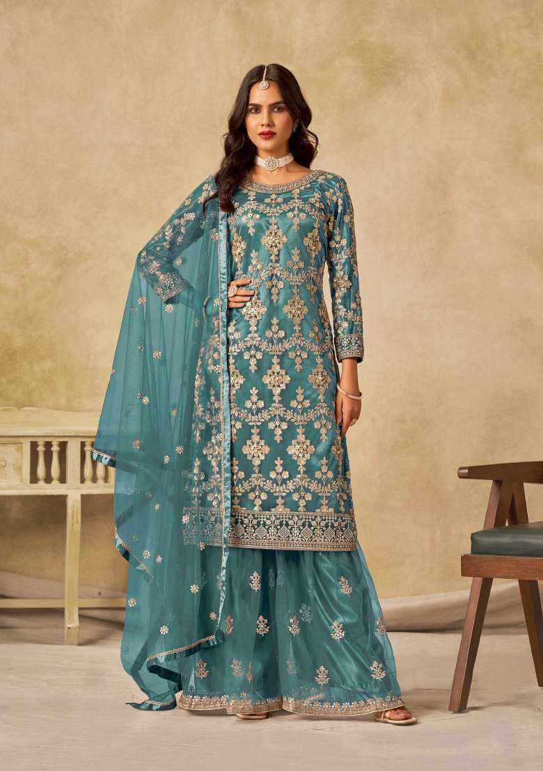 Teal Blue Embroidered Net Salwar Kameez - Indya