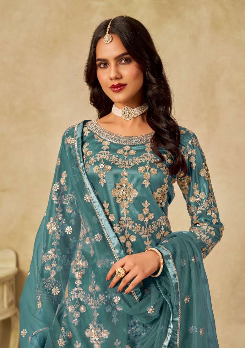 Teal Blue Embroidered Net Salwar Kameez - Indya