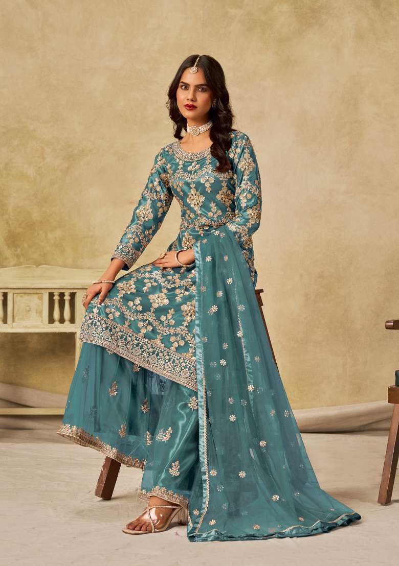Teal Blue Embroidered Net Salwar Kameez - Indya