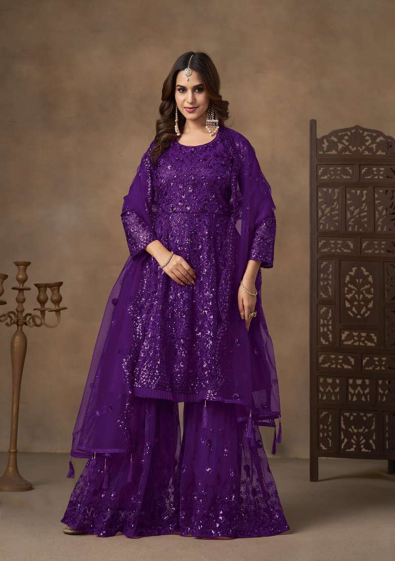 Violet Sequin Work Net Salwar Kameez - Indya