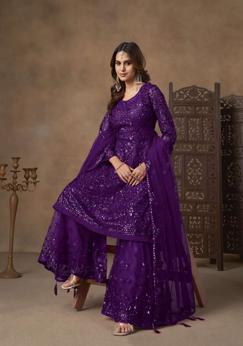 Violet Sequin Work Net Salwar Kameez - Indya