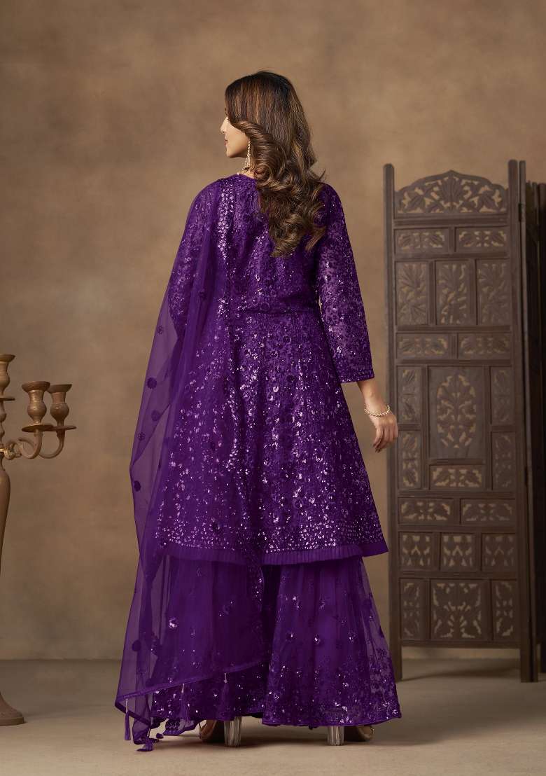 Violet Sequin Work Net Salwar Kameez - Indya