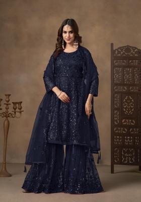 Navy Blue Sequin Work Net Salwar Kameez
