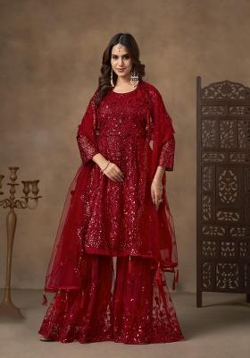 Red Sequin Work Net Salwar Kameez
