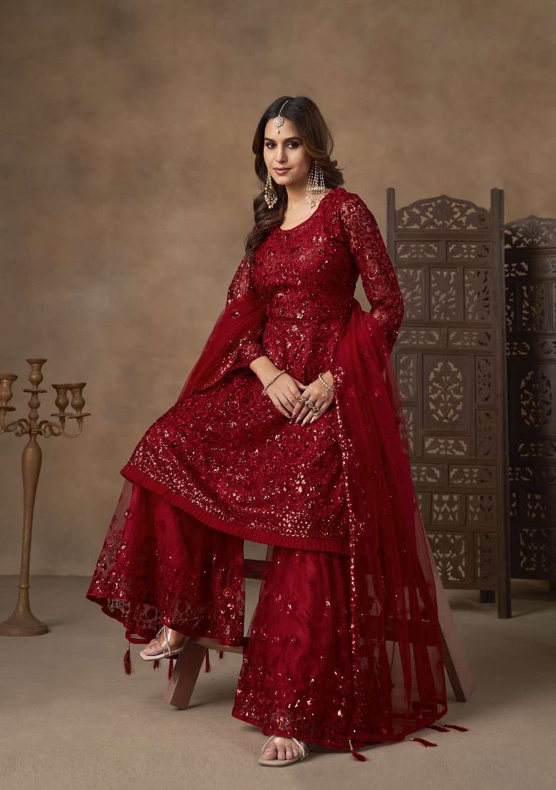 Red Sequin Work Net Salwar Kameez - Indya