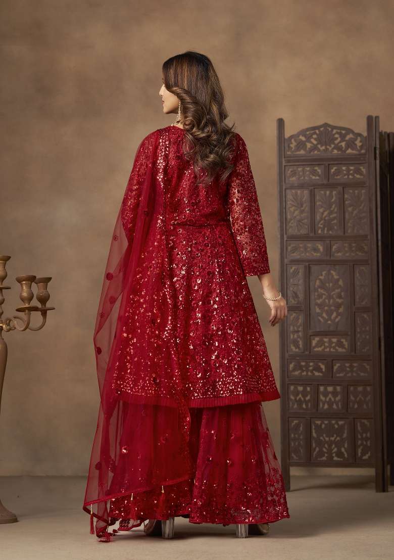Red Sequin Work Net Salwar Kameez - Indya