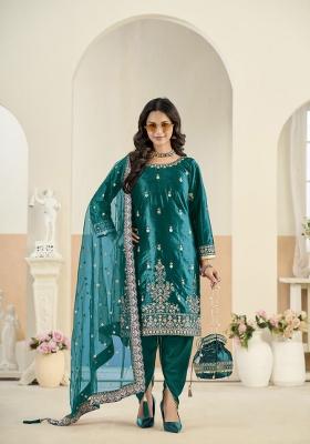 Teal Blue Embroidered Velvet Salwar Kameez