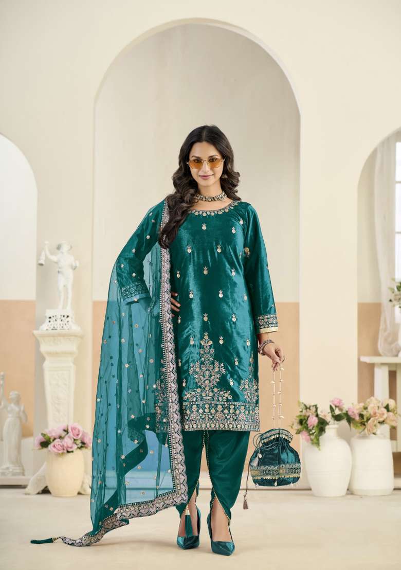 Teal Blue Embroidered Velvet Salwar Kameez - Indya