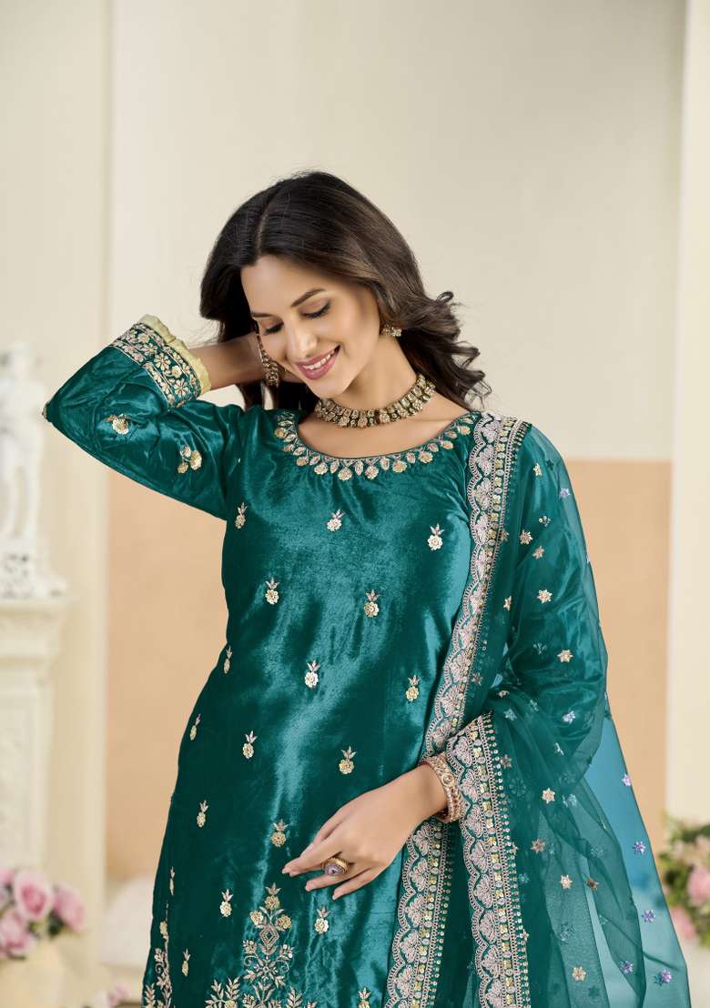 Teal Blue Embroidered Velvet Salwar Kameez - Indya