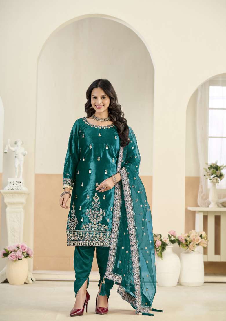 Teal Blue Embroidered Velvet Salwar Kameez - Indya
