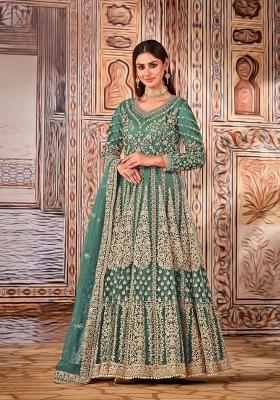 Green Embroidered Net Anarkali Set