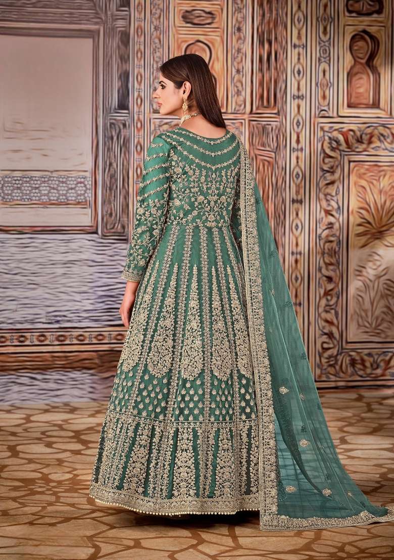 Green Embroidered Net Anarkali Set - Indya