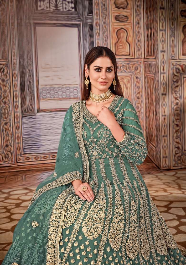 Green Embroidered Net Anarkali Set - Indya