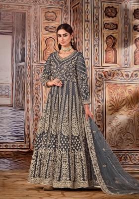 Grey Embroidered Net Anarkali Set