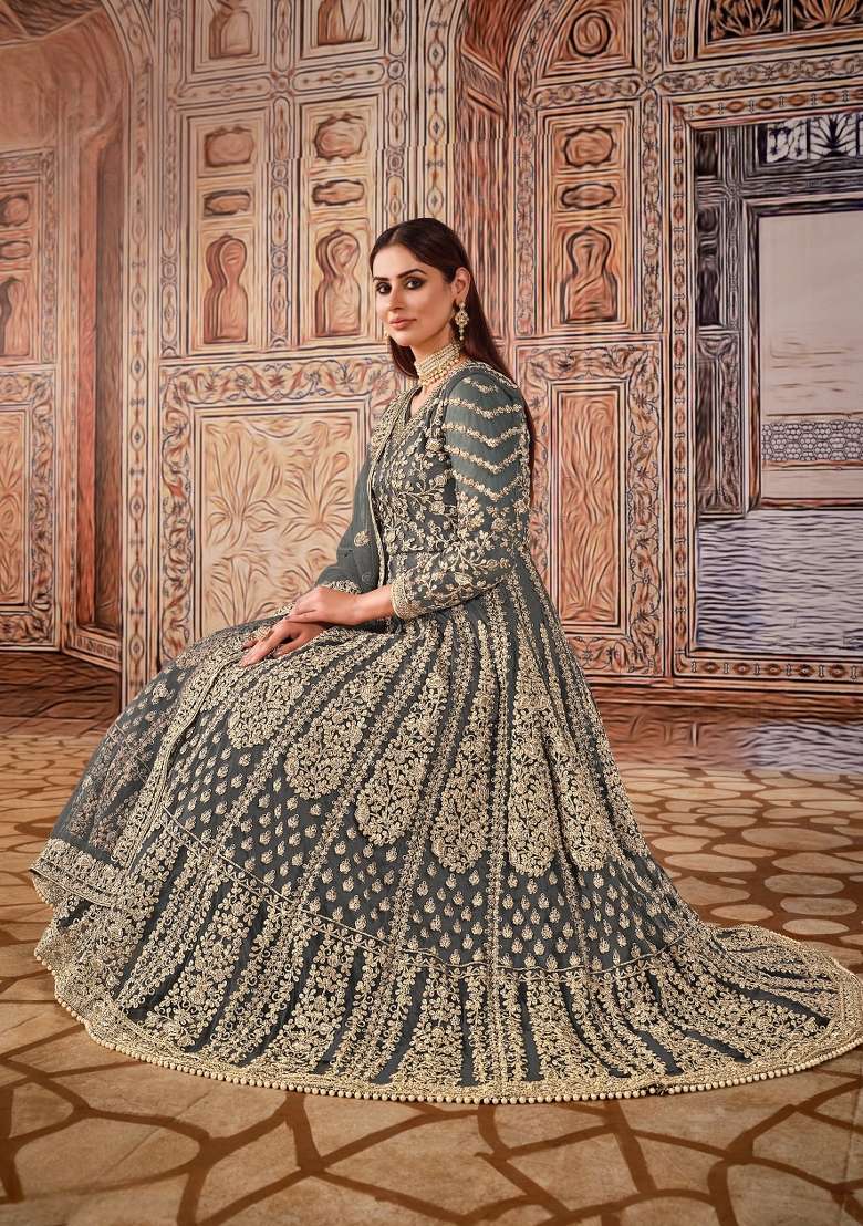 Grey Embroidered Net Anarkali Set - Indya