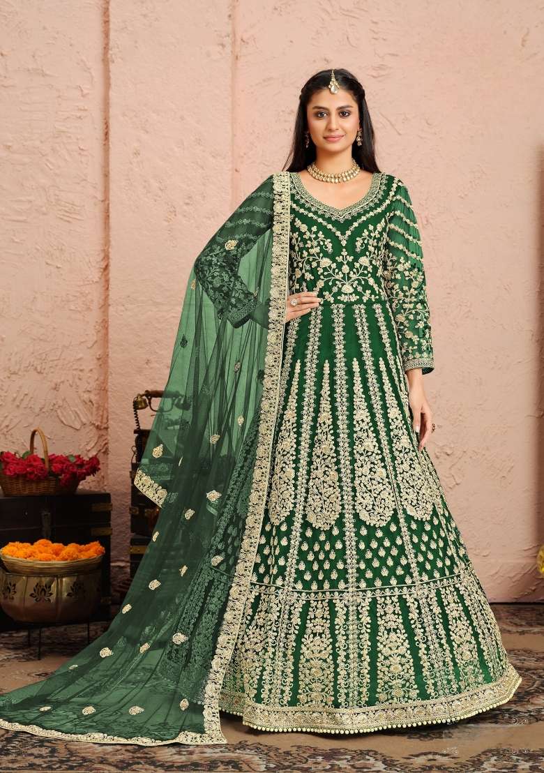 Green Embroidered Net Anarkali Set - Indya