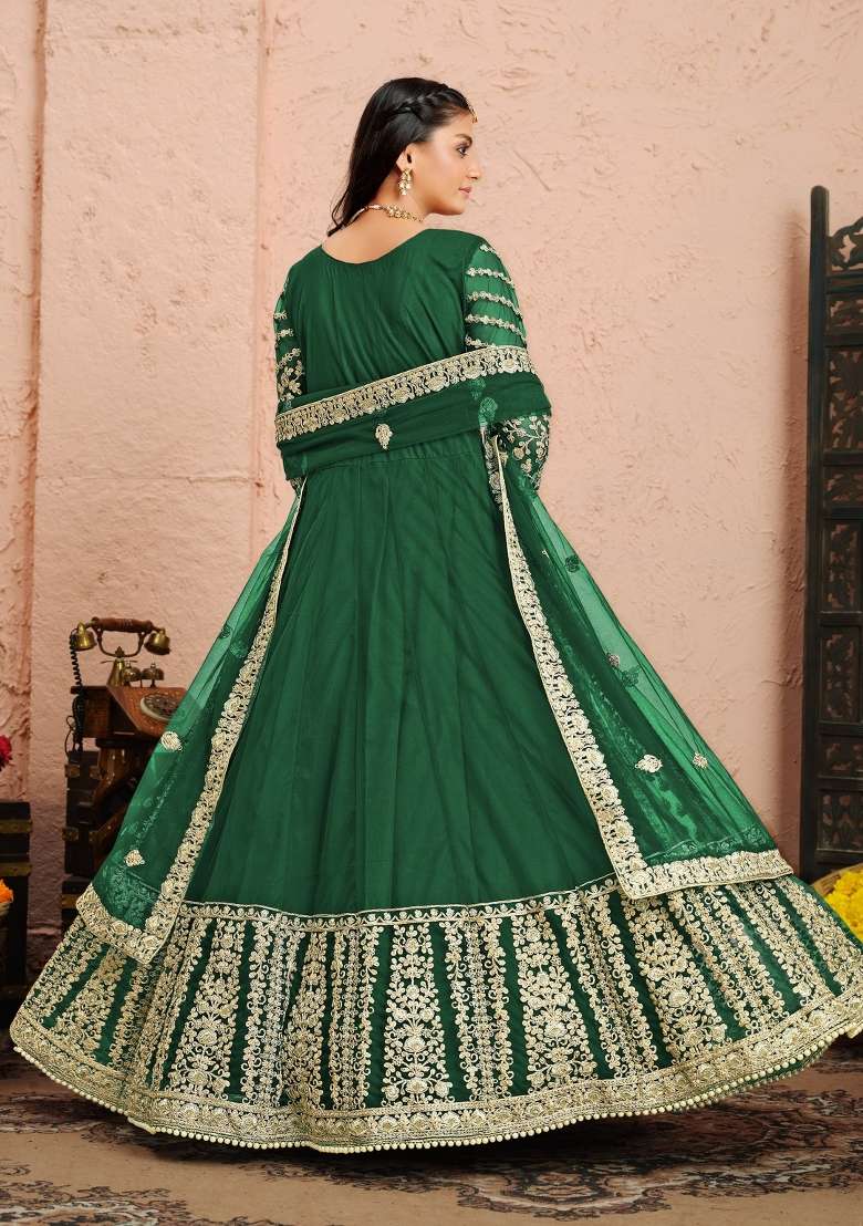 Green Embroidered Net Anarkali Set - Indya