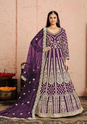 Purple Embroidered Net Anarkali Set