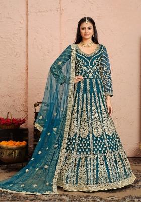 Teal Embroidered Net Anarkali Set