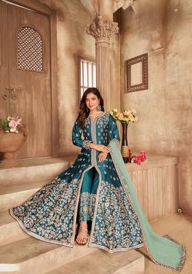 Teal Embroidered Silk Anarkali Set