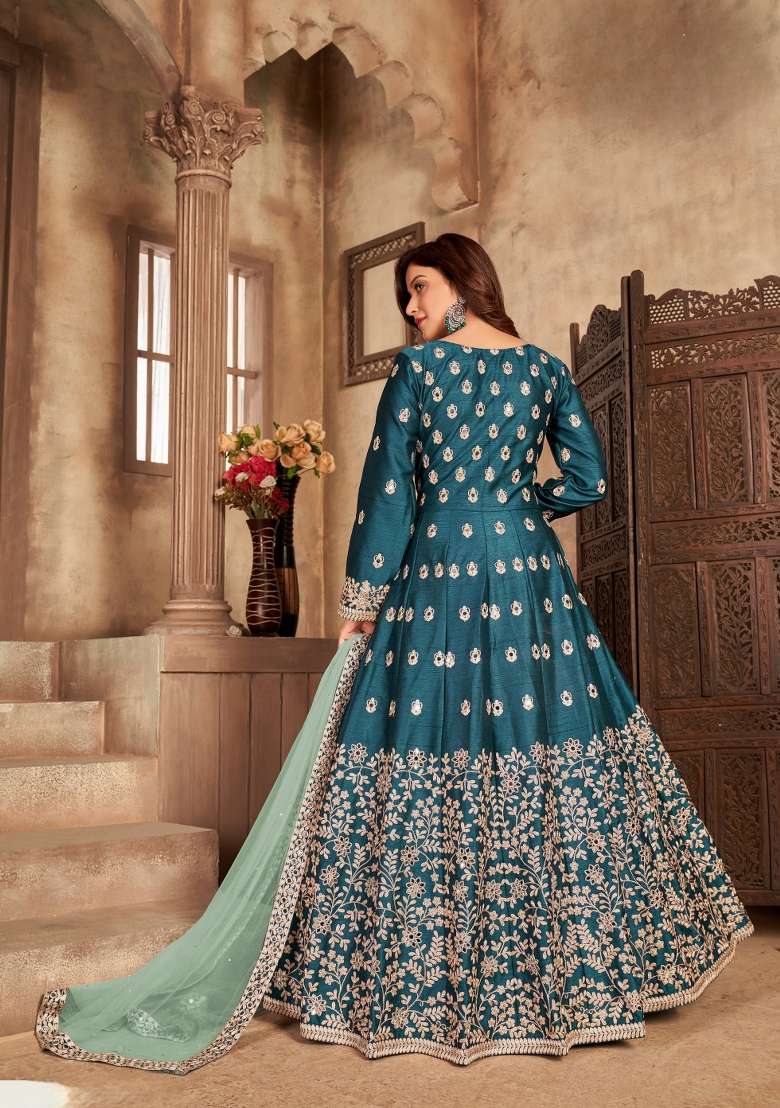 Teal Embroidered Silk Blend Anarkali Set - Indya
