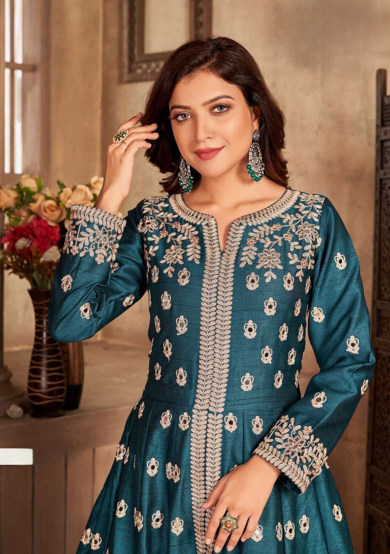 Teal Embroidered Silk Blend Anarkali Set - Indya
