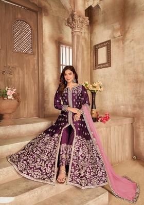 Purple Embroidered Silk Blend Anarkali Set