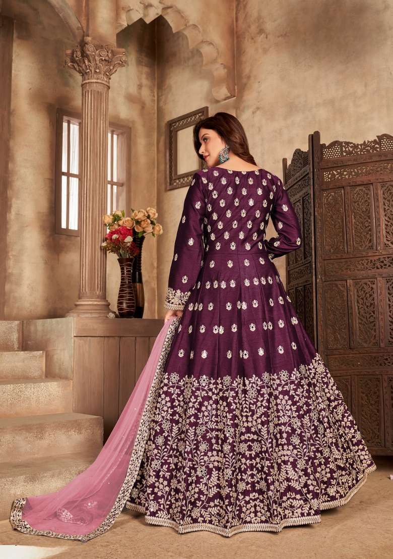 Purple Embroidered Silk Blend Anarkali Set - Indya