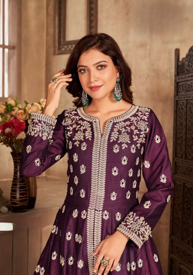 Purple Embroidered Silk Blend Anarkali Set - Indya