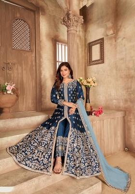 Navy Blue Embroidered Silk Anarkali Set