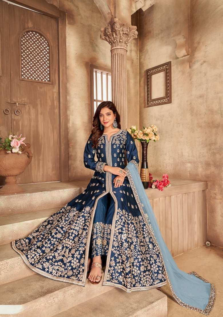 Navy Blue Embroidered Silk Blend Anarkali Set - Indya