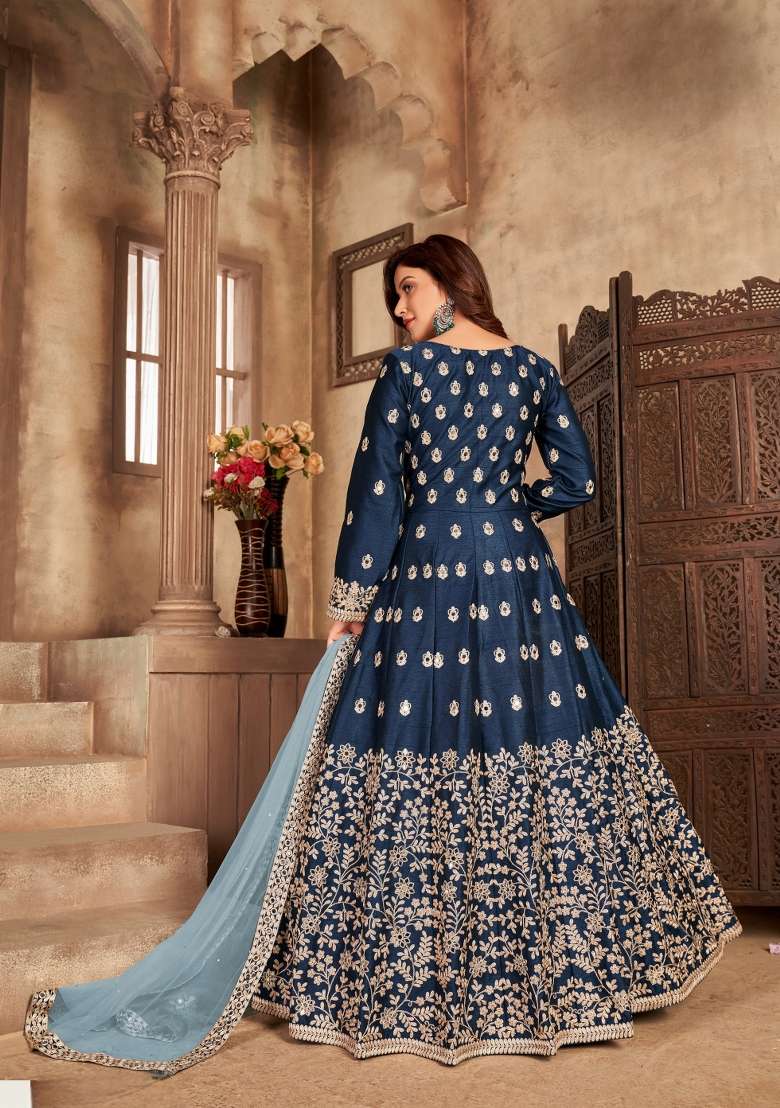 Navy Blue Embroidered Silk Blend Anarkali Set - Indya