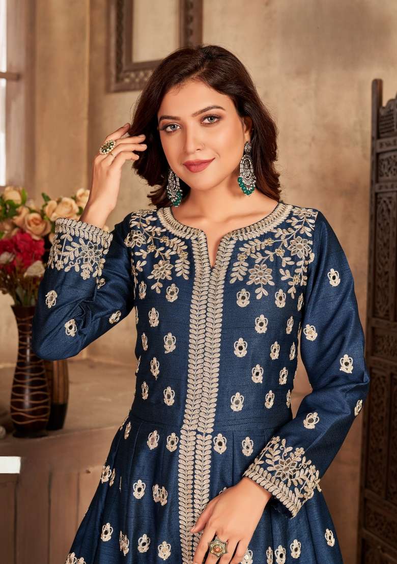 Navy Blue Embroidered Silk Blend Anarkali Set - Indya