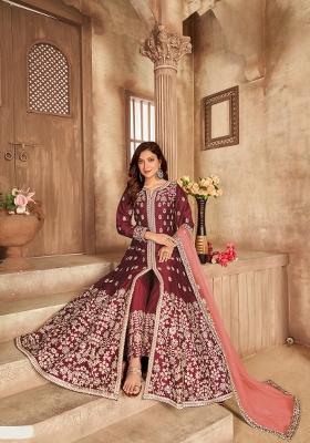 Maroon Embroidered Silk Anarkali Set