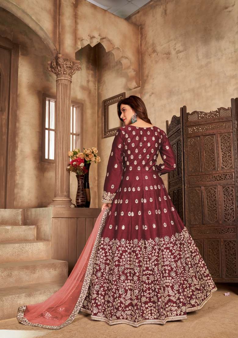 Maroon Embroidered Silk Blend Anarkali Set - Indya