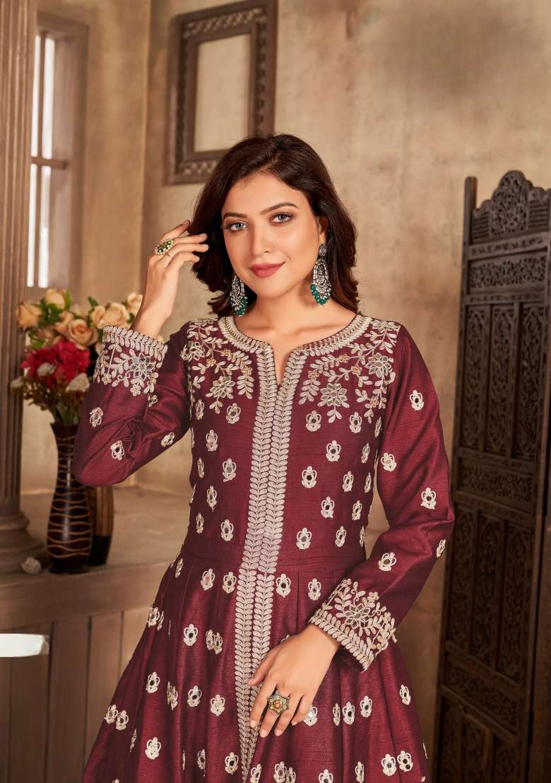 Maroon Embroidered Silk Blend Anarkali Set - Indya