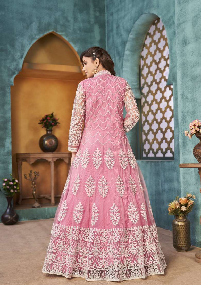 Pink Embroidered Net Anarkali Set - Indya