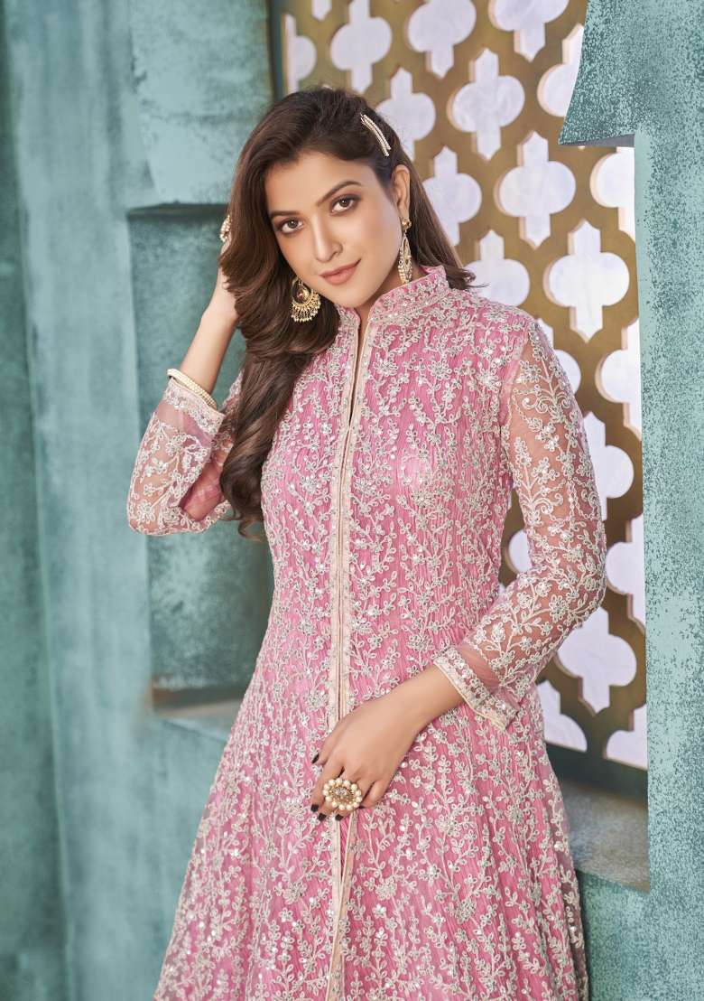 Pink Embroidered Net Anarkali Set - Indya