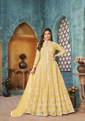 Yellow Embroidered Net Anarkali Set